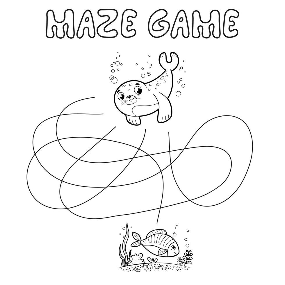 Maze puzzle game for children. Outline maze or labyrinth. Find path game with seal. vector