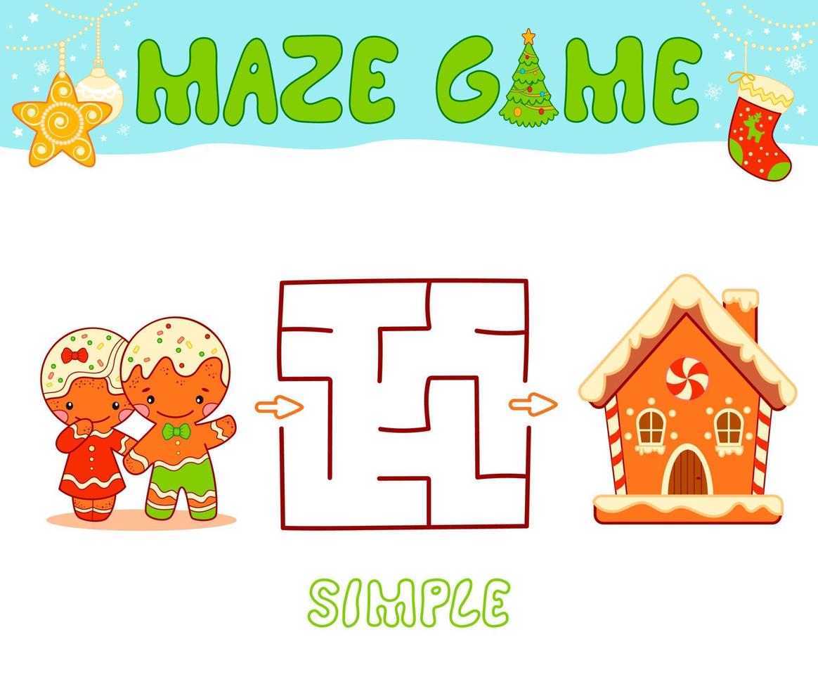 Christmas Maze puzzle game for children. Simple Maze or labyrinth game with Christmas Gingerbread man and Gingerbread house. vector