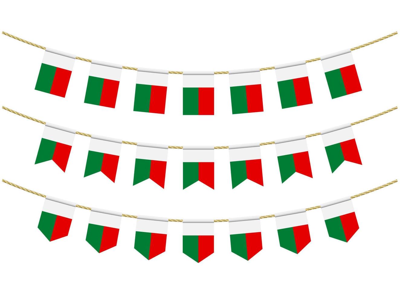 bandera de madagascar en las cuerdas sobre fondo blanco. conjunto de banderas patrióticas del empavesado. decoración del empavesado de la bandera de madagascar vector