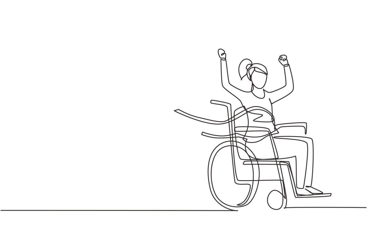 Single one line drawing female young wheelchair user crossing red finish line. Happy winner, successful champion. Society, disabled people community. Continuous line draw design vector illustration
