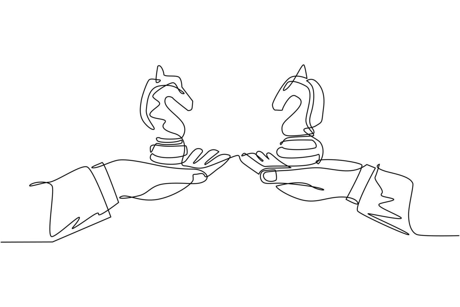 Single one line drawing business concept, of businessman hands, one holding knight chess piece and the other hand too. Strategy and management. Continuous line draw design graphic vector illustration