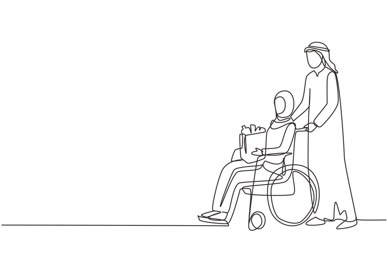 un solo dibujo de una línea hombre árabe apoyando, cuidando a una anciana discapacitada en silla de ruedas. voluntario ayudando con las compras, cuidando a la anciana. ilustración de vector de diseño de dibujo de línea continua