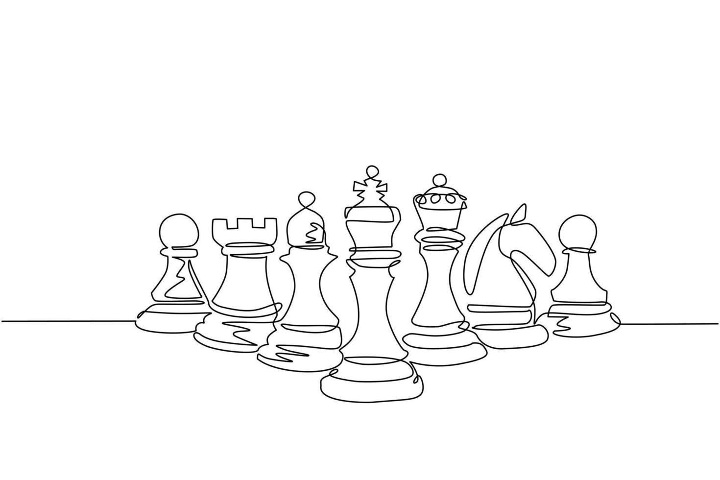 Single one line drawing chess pieces aligned, luxury hand drawn or engraving. King, Queen, Bishop, Knight, Rook, Pawn. Leader success concept. Continuous line draw design graphic vector illustration