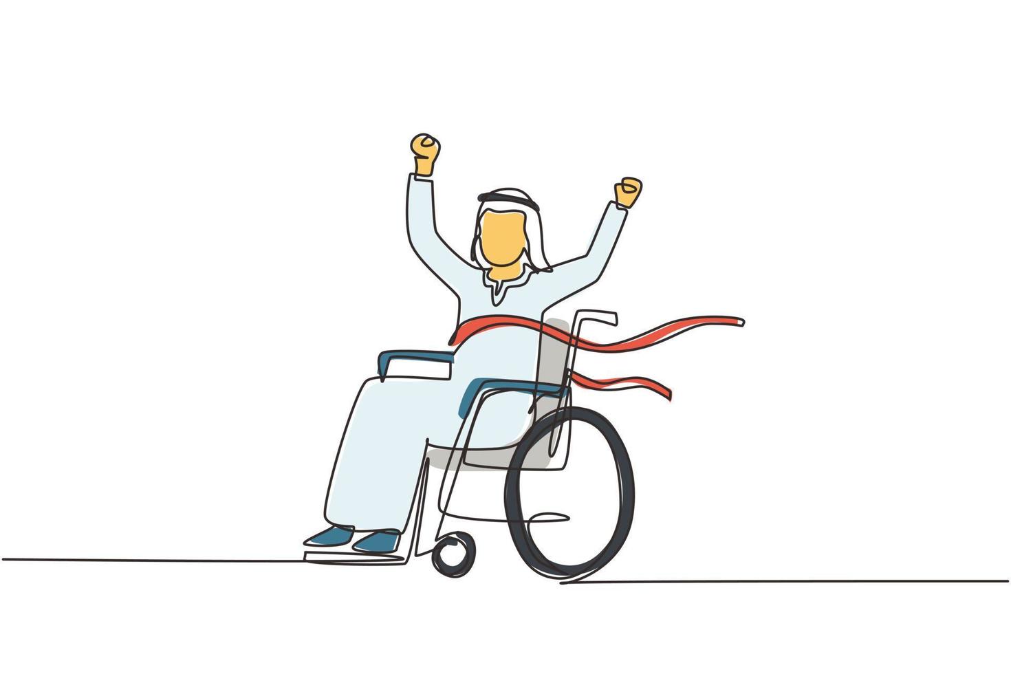 Continuous one line drawing Arab male young wheelchair user crossing red finish line. Happy winner, successful champion. Society, disabled people community. Single line draw design vector illustration