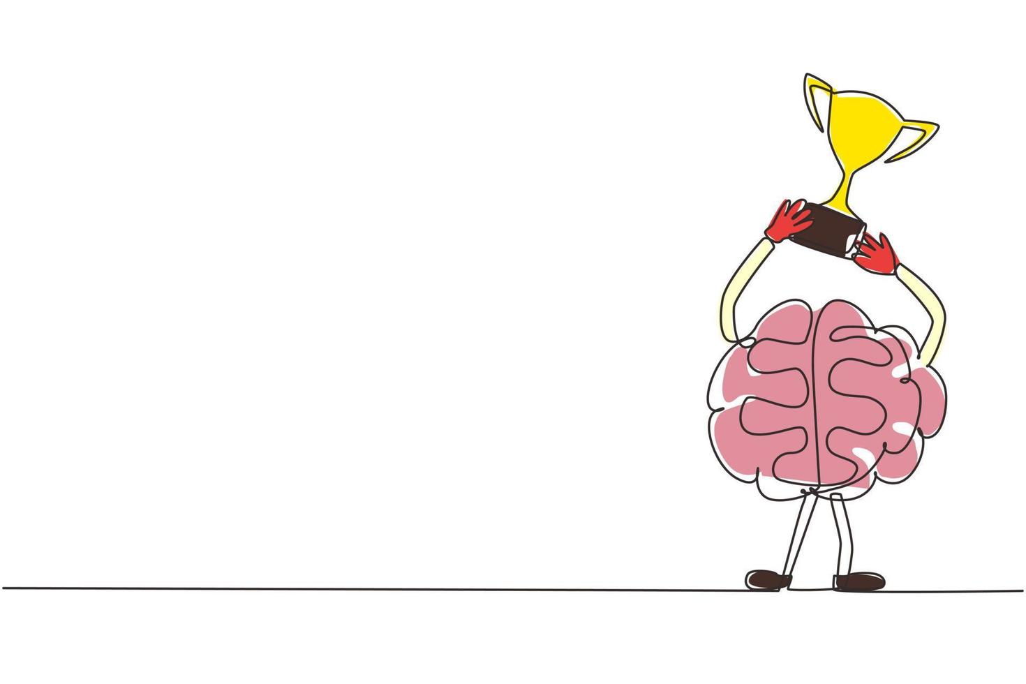Single continuous line drawing brain with cup of the winner is on podium, won first place. Champion cartoon brain concept. Flat style design of education character brain. One line draw graphic vector