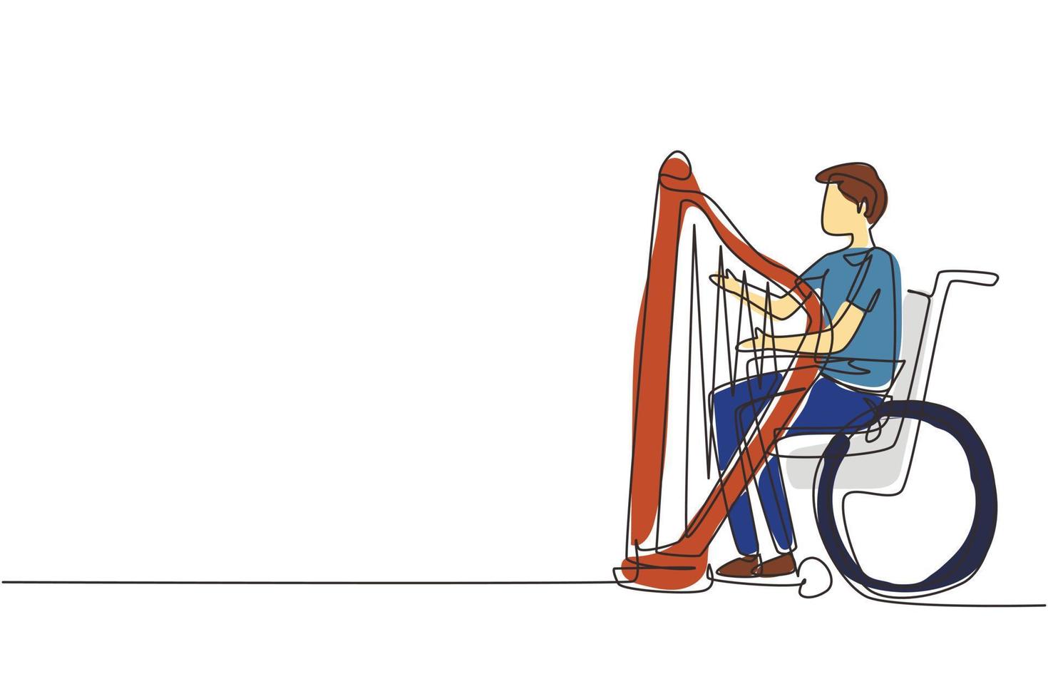 Single one line drawing young handsome man sitting in wheelchair plays harp in concert. Disability and classical music. Physically disabled. Person in hospital. Continuous line draw design vector