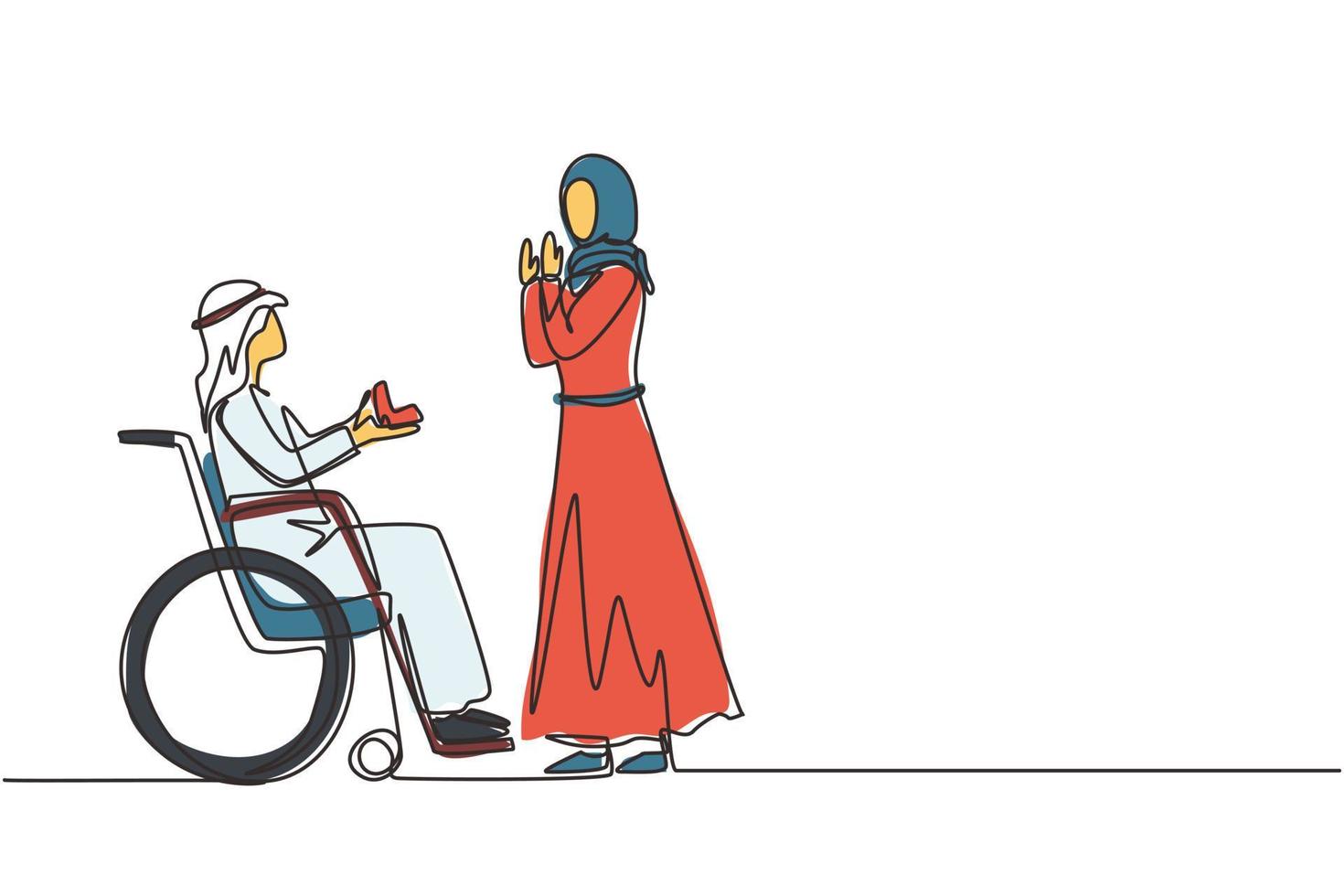 Single continuous line drawing disabled person character. Arab man made proposal to girl, wedding. Happy family. Positive man with special needs in wheelchair. One line draw design vector illustration
