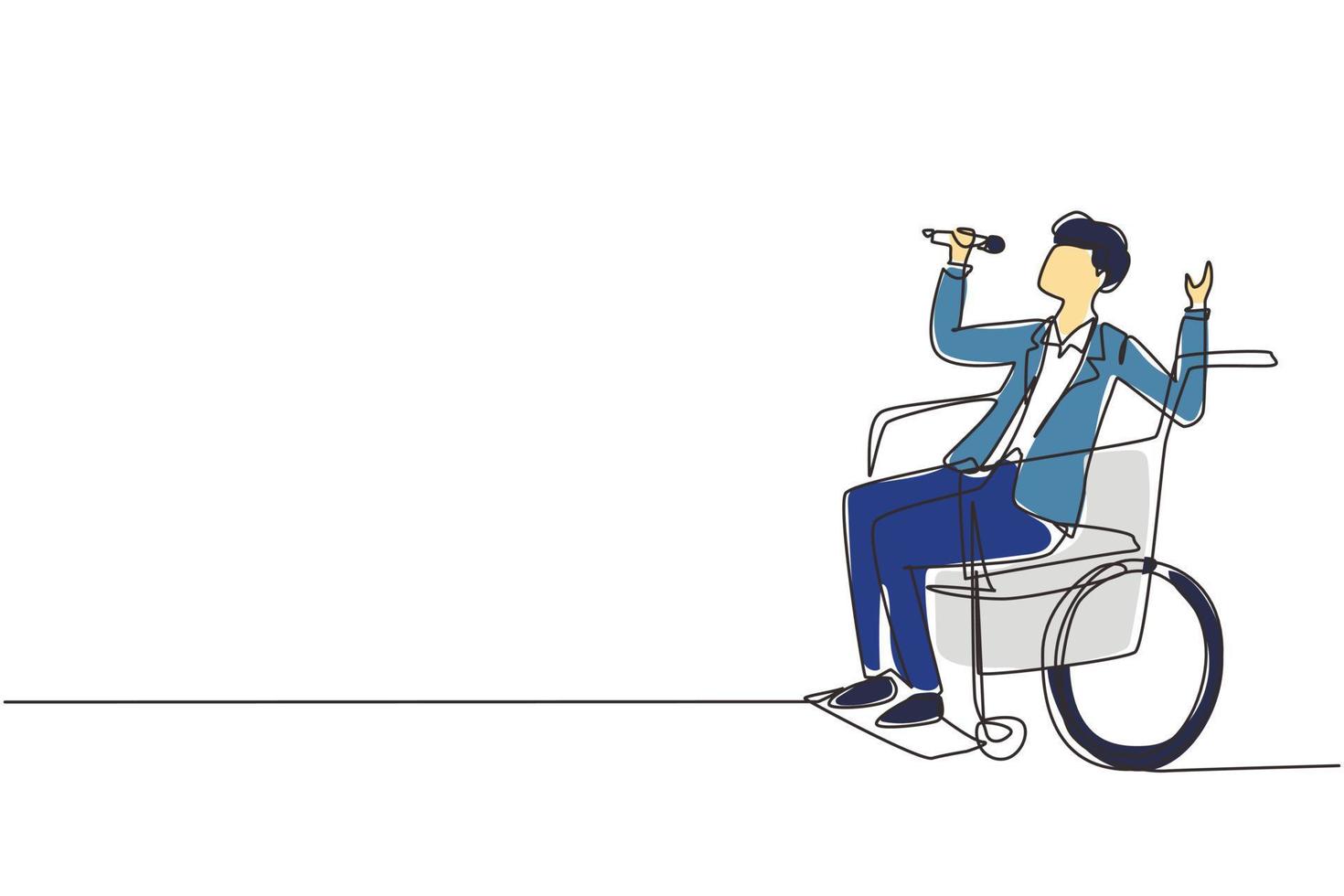 dibujo de una sola línea continua persona discapacitada disfrutando de la vida. hombre guapo sentado en silla de ruedas cantando en el bar de karaoke. pasar tiempo en un lugar recreativo. ilustración de vector de diseño de dibujo de una línea