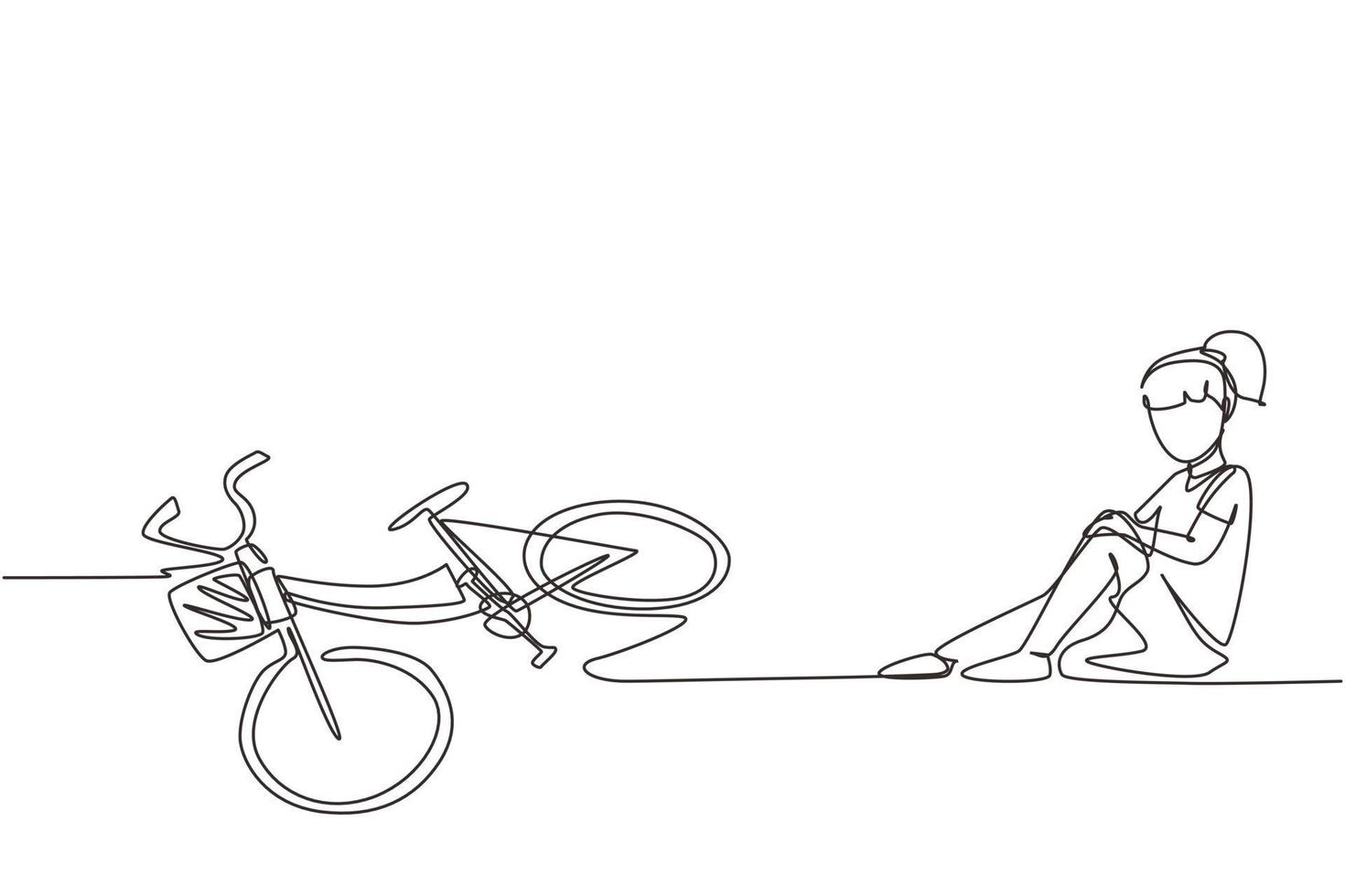 Single one line drawing little girl hurt fallen off the bicycle. Broken bicycle. Kids fallen from bike unhappy children. Bike accident. Modern continuous line draw design graphic vector illustration