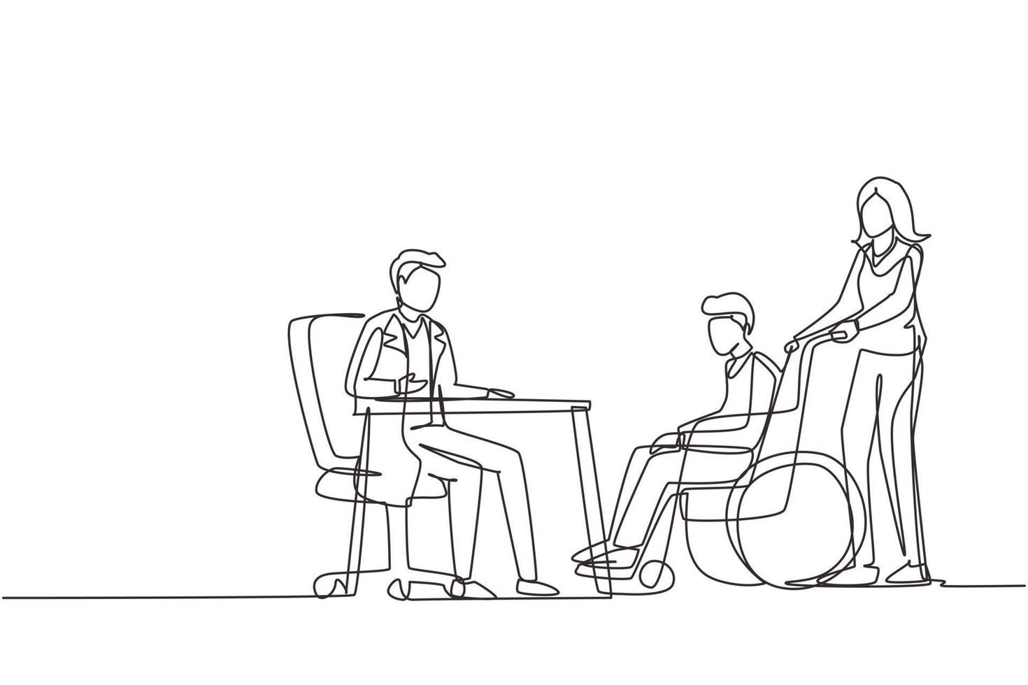 Single continuous line drawing doctor and patient. Practitioner doctor man and old man patient in hospital medical office. Consultation and diagnosis. Medicine concept. One line draw design vector