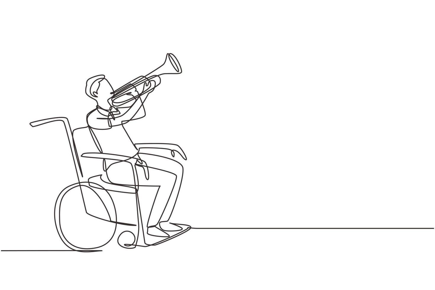 dibujo continuo de una línea hombre guapo en silla de ruedas tocando la trompeta durante la lección de música. Físicamente desarmado. persona en el hospital. paciente del centro de rehabilitación. vector de diseño de dibujo de una sola línea