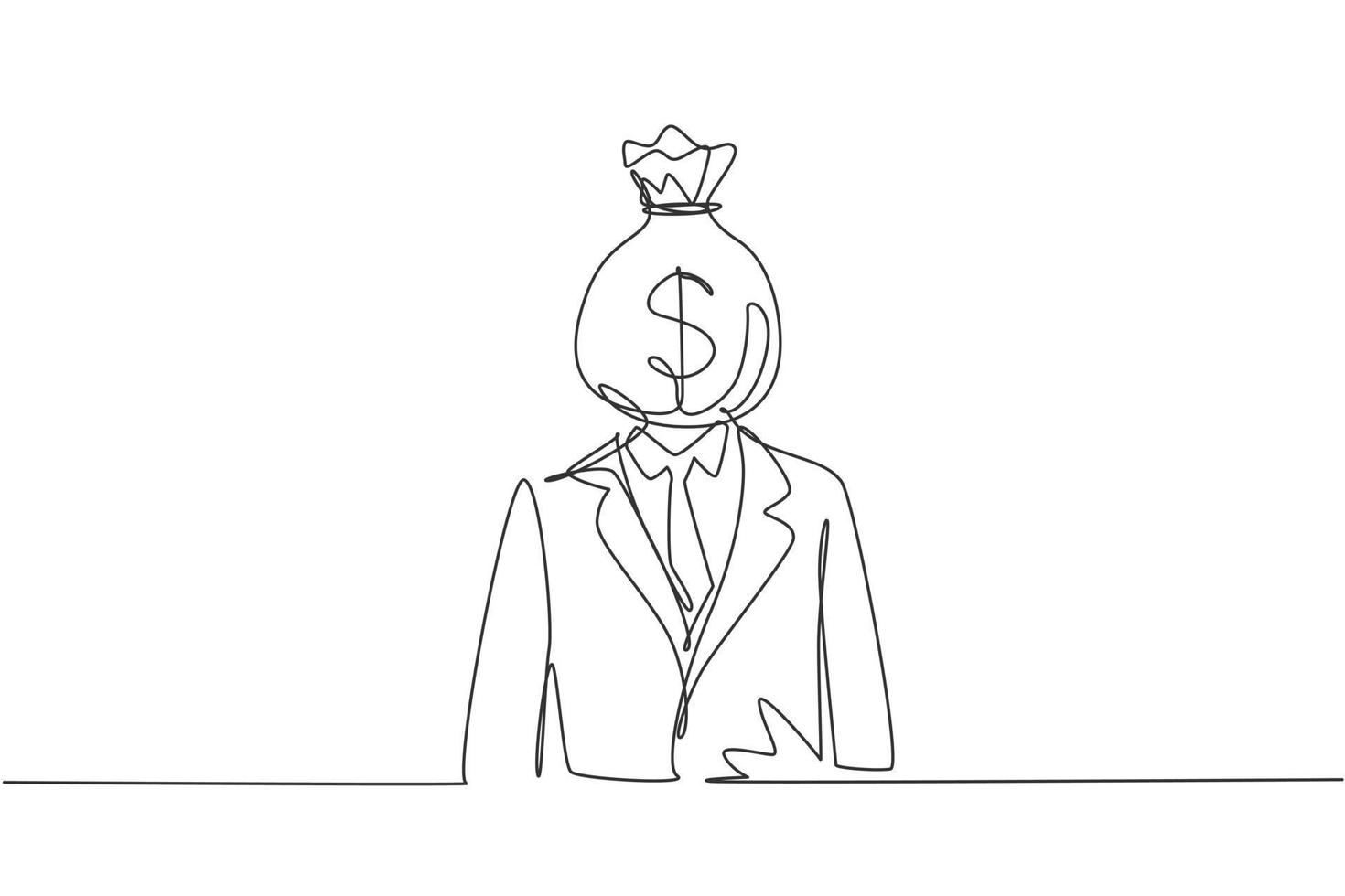 Single continuous line drawing businessman with money bag instead of head, symbolizing avarice, broker, money, success. Money bag with dollar sign. One line draw graphic design vector illustration