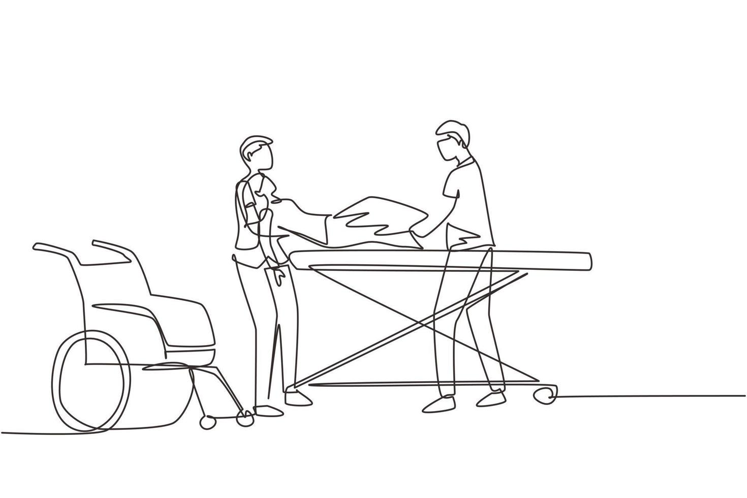 Continuous one line drawing unconscious woman patient in emergency room. Nurse, wearing white coat with wheelchair. Nurse boys, putting down young female on gurney. Single line draw design vector