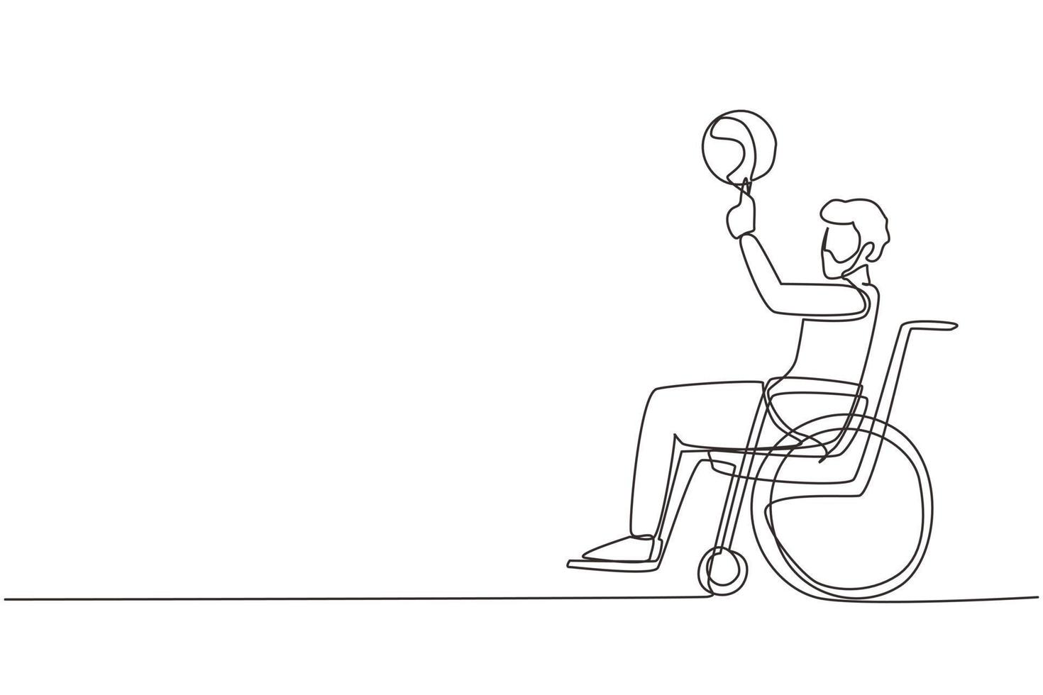 Single continuous line drawing Arab guy in wheelchair plays basketball. Disabled person spins basketball on his finger. Exercise for people with disabilities. One line draw design vector illustration