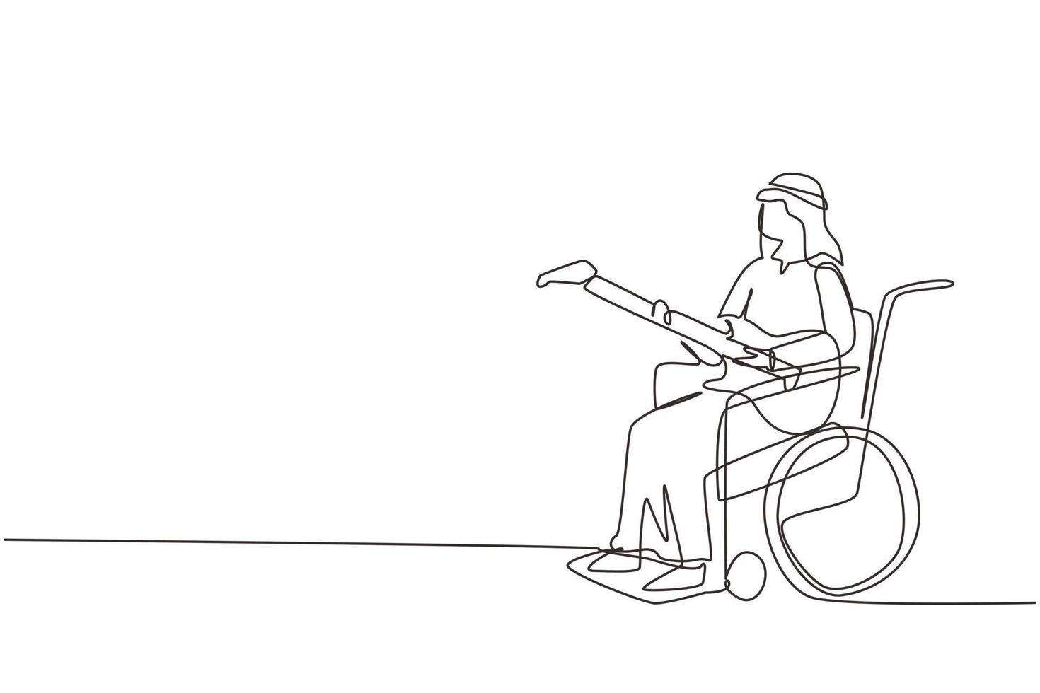 un solo dibujo de una línea hombre árabe sentado en silla de ruedas tocando guitarra eléctrica, cantando una canción. Físicamente desarmado. persona en la sala de la habitación del hospital. ilustración de vector gráfico de diseño de dibujo de línea continua moderna