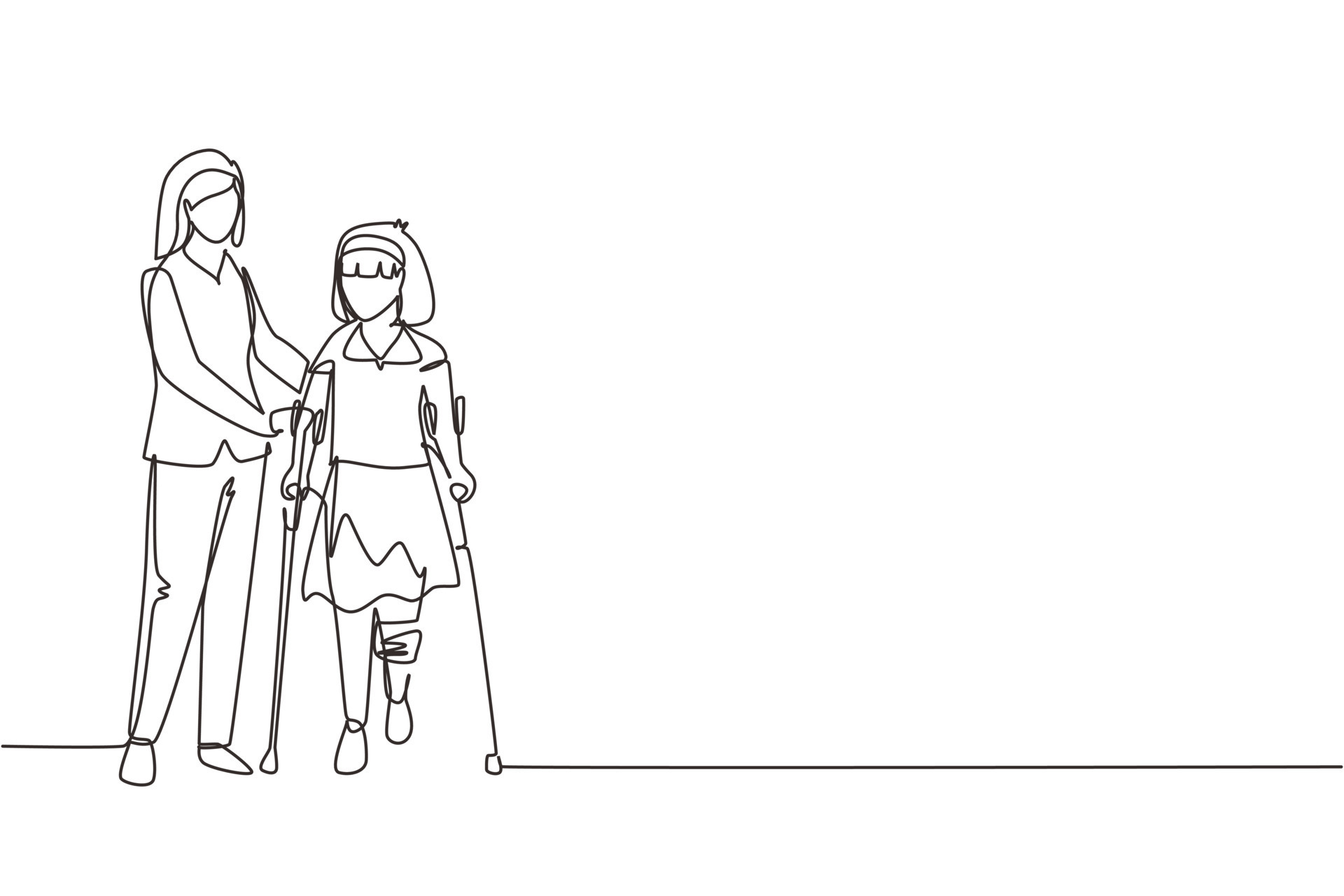 Single continuous line drawing little girl patient learn walking using