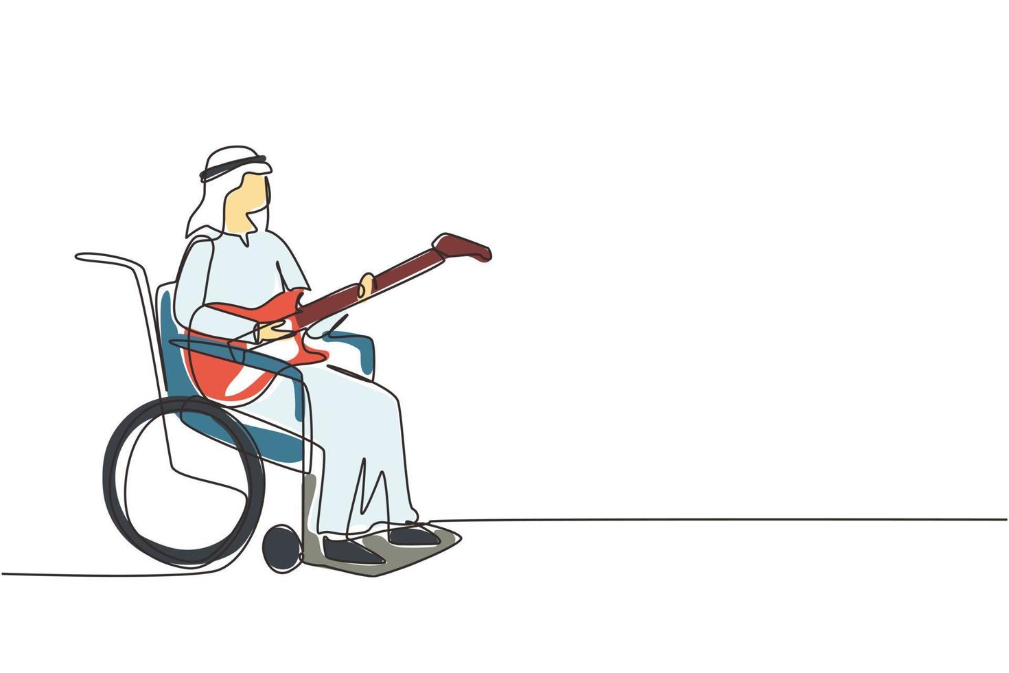 Single one line drawing Arab male sit wheelchair playing electric guitar, sing song. Physically disabled. Person in hospital room ward. Modern continuous line draw design graphic vector illustration