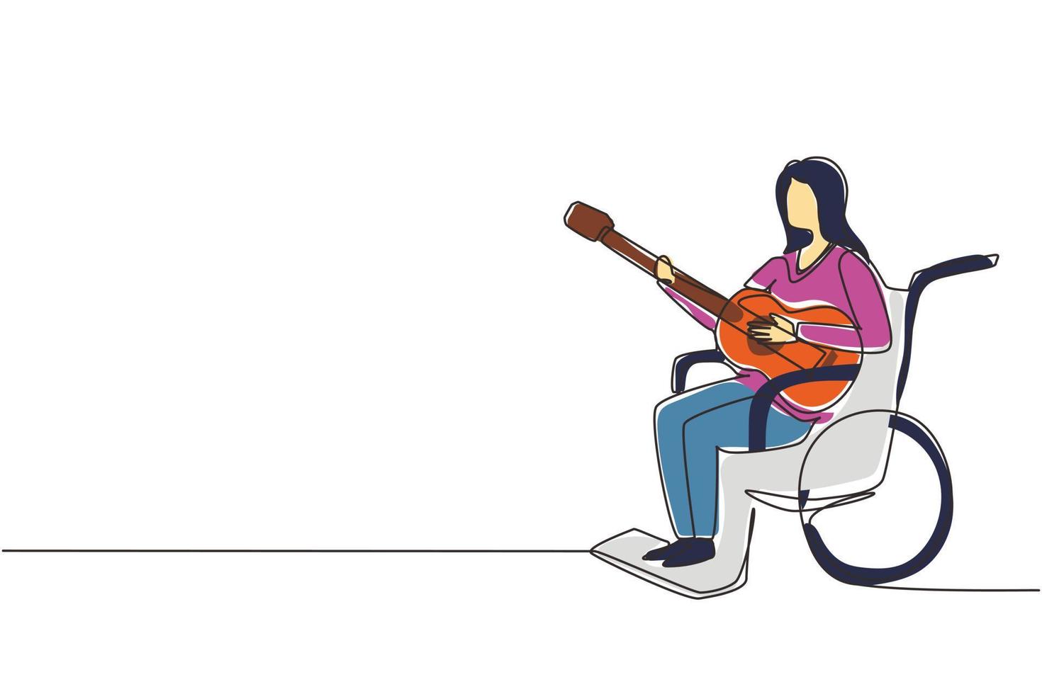 Single continuous line drawing woman sit wheelchair with acoustic guitar play music, sing song. Physically disabled, broken leg. Rehabilitation center patient. One line design vector illustration