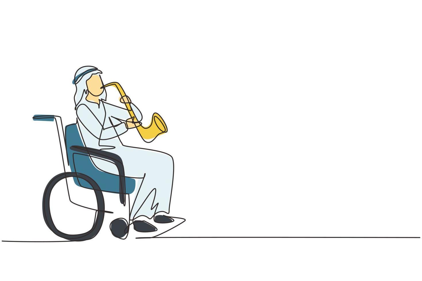 Single one line drawing Arab man sitting in wheelchair plays saxophone. Disability, classical music. Physically disabled. Rehabilitation center. Continuous line draw design graphic vector illustration