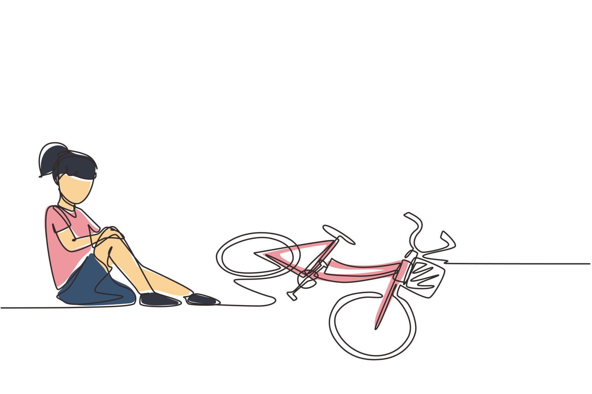 Single one line drawing little girl hurt fallen off the bicycle. Broken
