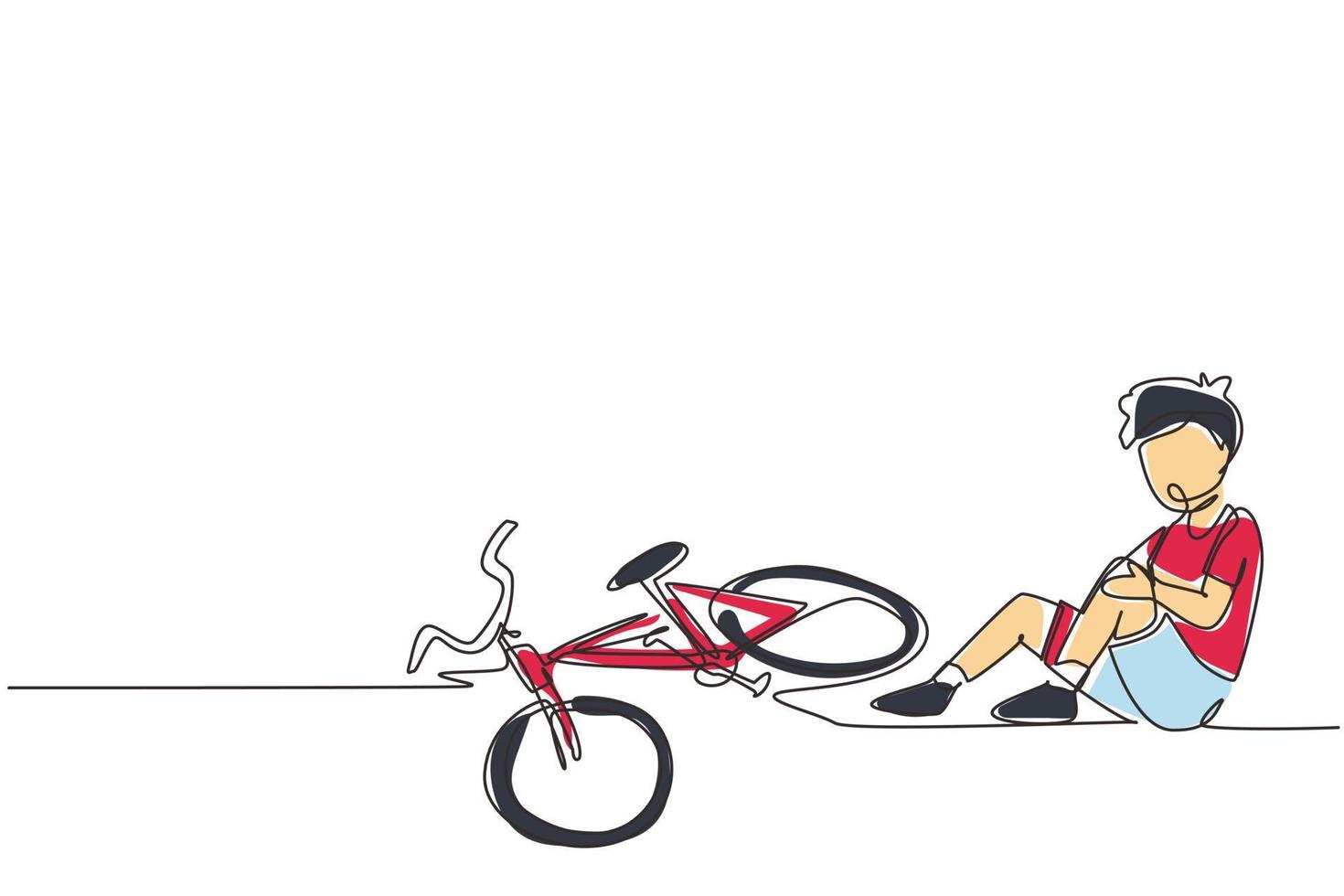 Single continuous line drawing boy fallen off bicycle. Bike accident. Kids fallen damaged bicycle broken transport children accidents helping person. Dynamic one line draw design vector illustration