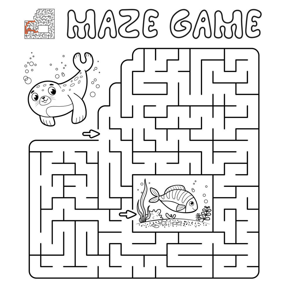 Maze puzzle game for children. Outline maze or labyrinth game with seal. vector
