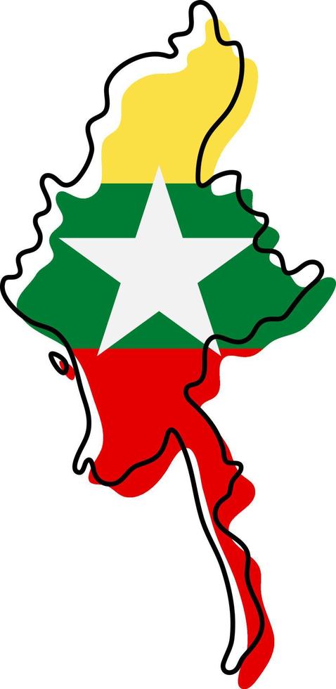 Stylized outline map of Myanmar with national flag icon. Flag color map of Myanmar vector illustration.