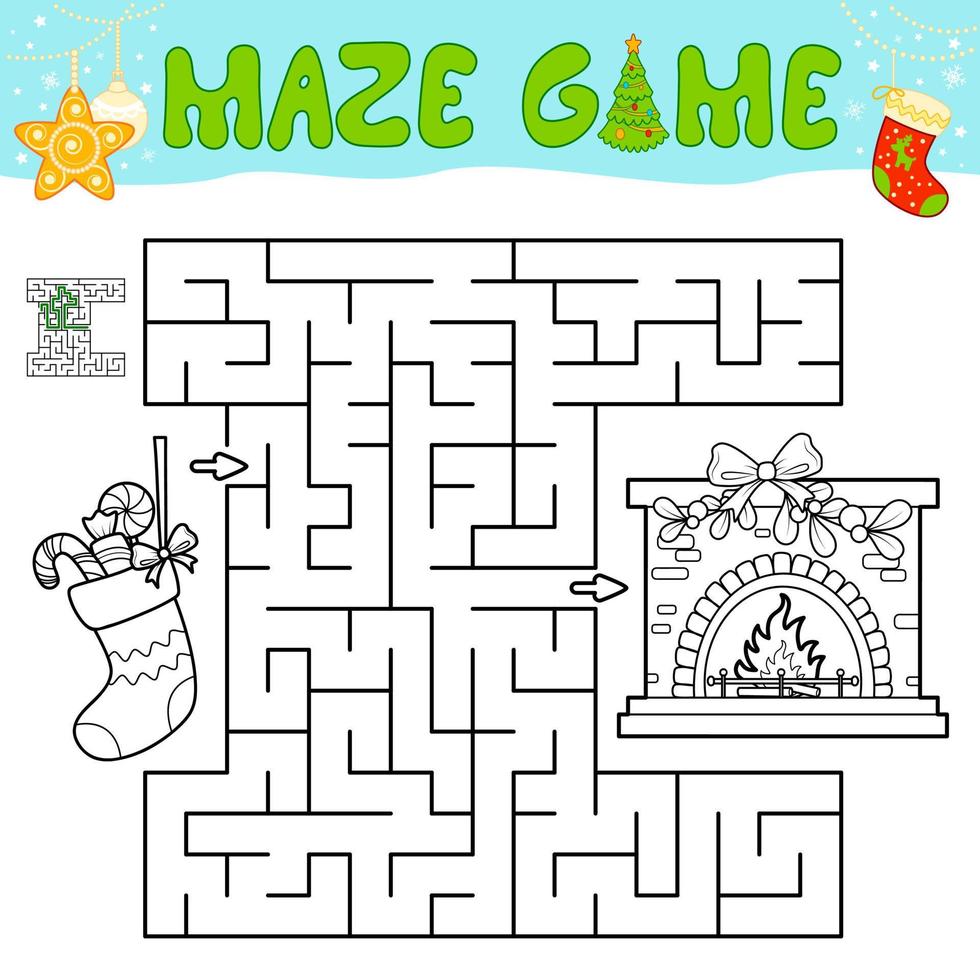 Christmas Maze puzzle game for children. Outline maze or labyrinth game with christmas Sock and fireplace. vector