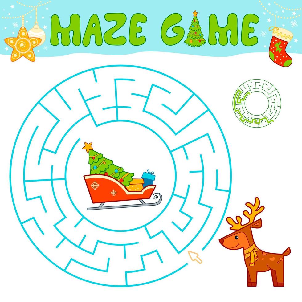 Christmas maze puzzle game for children. Circle maze or labyrinth game with Christmas sleigh and reindeer. vector