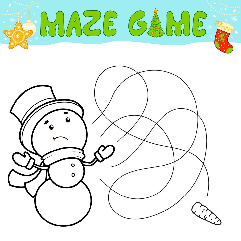 Christmas Maze puzzle game for children. Outline maze or labyrinth. Find path game with christmas Snowman. vector