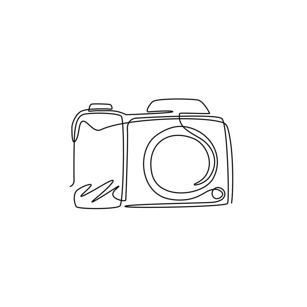 Single continuous line drawing photo camera icon. Photography and photo studio logo. Business sign, identity, label, badge and branding for business. One line draw graphic design vector illustration