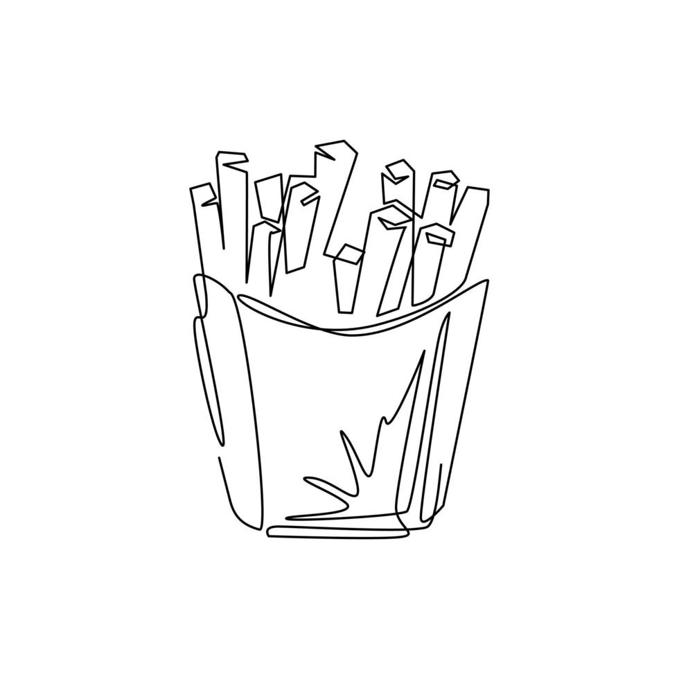 patatas fritas de dibujo de una sola línea en caja de papel, aisladas. símbolo de logotipo de icono de diseño plano. papas fritas gordas comida rápida en paquete rojo. ilustración de vector gráfico de diseño de dibujo de línea continua moderna