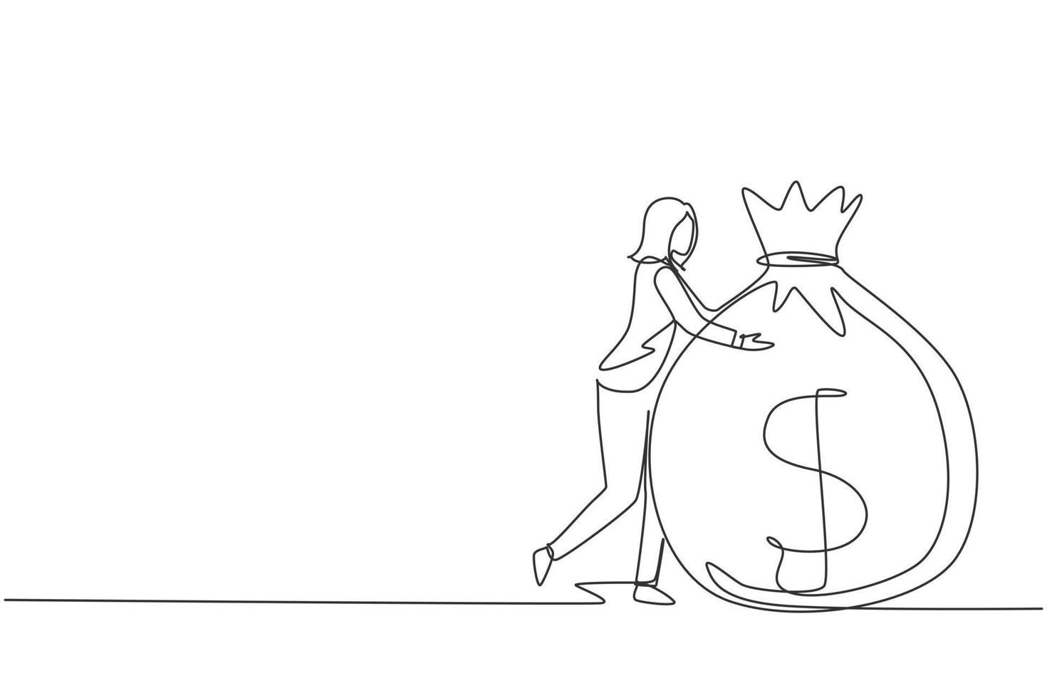 Single one line drawing businesswoman hugging big money bag. Financial success. Woman standing and hugging huge cash bag. Business angel creative idea. Continuous line draw design vector illustration