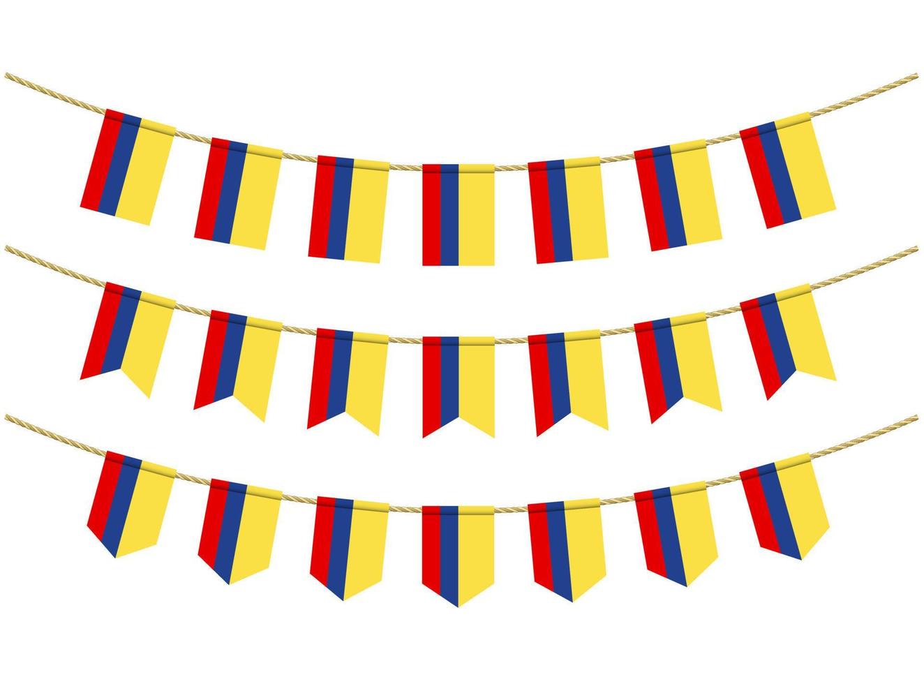 bandera de colombia en las cuerdas sobre fondo blanco. conjunto de banderas patrióticas del empavesado. decoración del empavesado de la bandera de colombia vector