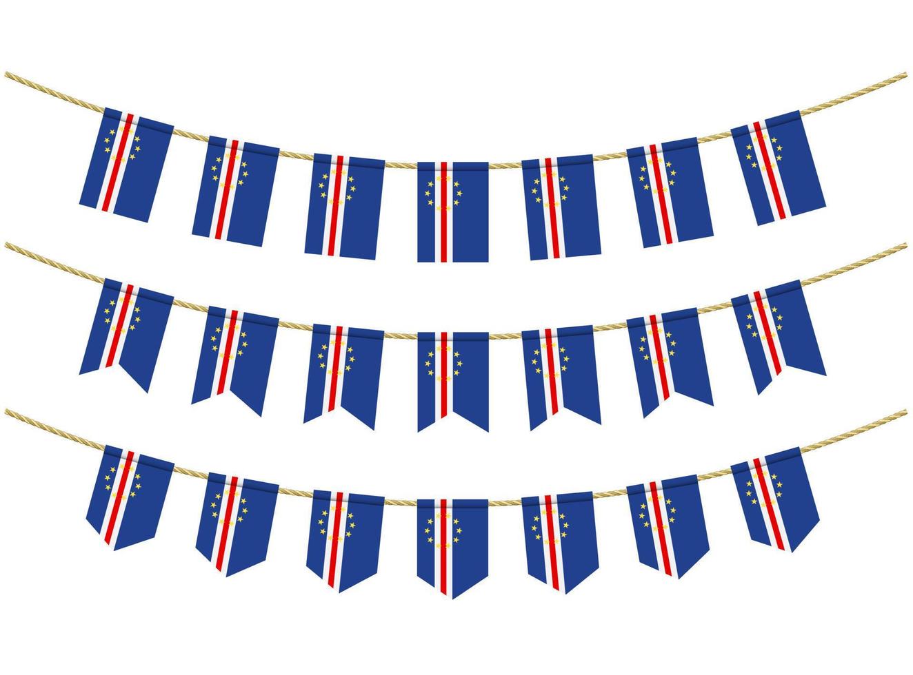 Cape Verde flag on the ropes on white background. Set of Patriotic bunting flags. Bunting decoration of Cape Verde flag vector