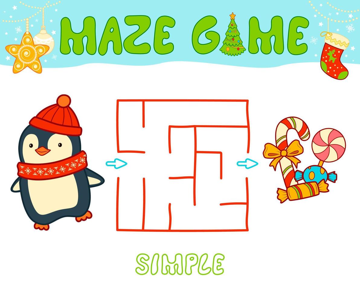 Christmas Maze puzzle game for children. Simple Maze or labyrinth game with Christmas penguin. vector