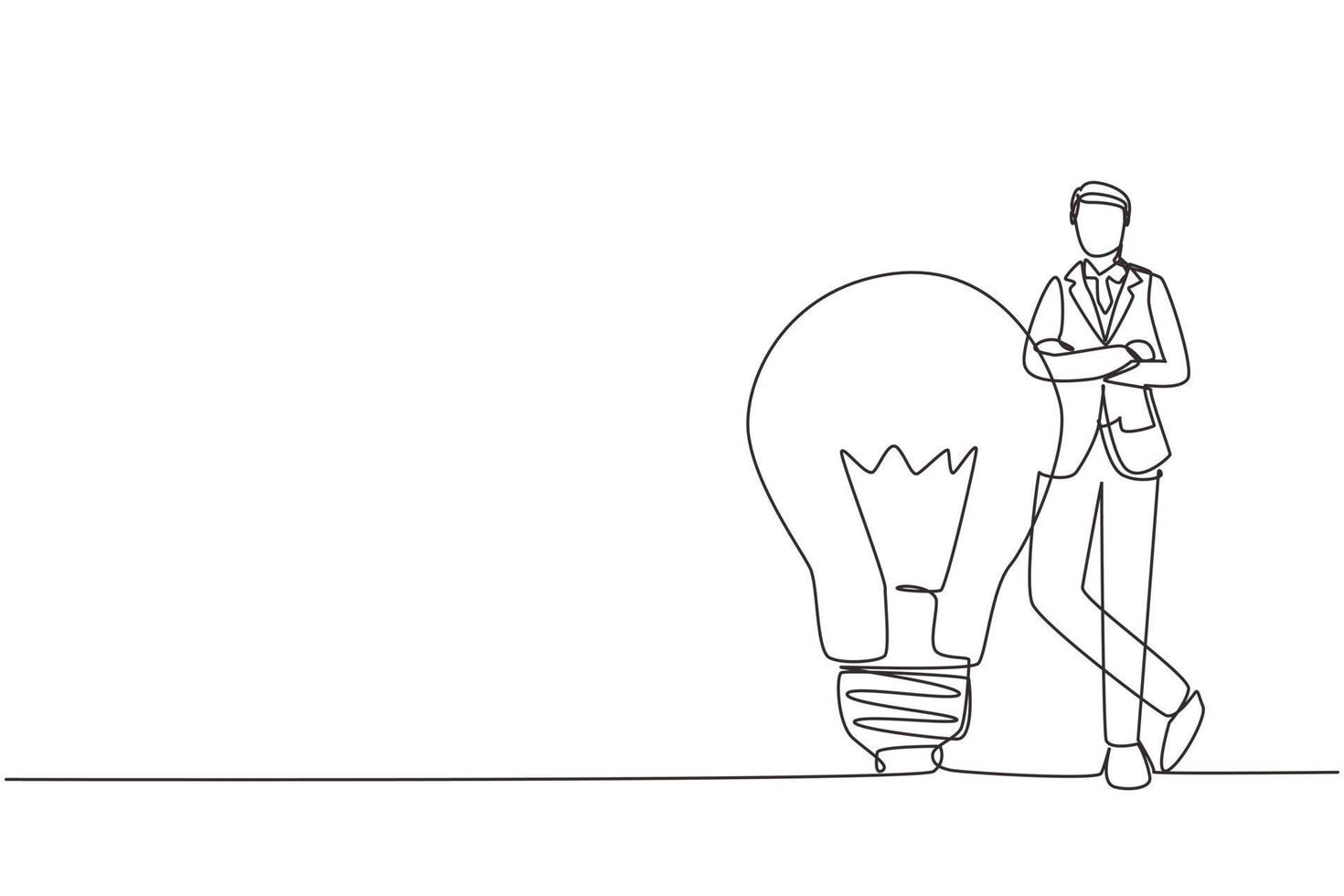 Continuous one line drawing businessman leaning on giant lightbulb, business idea. Business people have ideas leaning against the lamp symbol is good idea. Single line draw design vector illustration