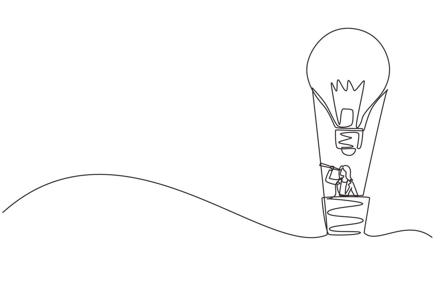 Continuous one line drawing businesswoman watching through telescope in hot air balloon-light bulb. Woman in lightbulb balloon search to business idea planning ahead. Single line draw design vector