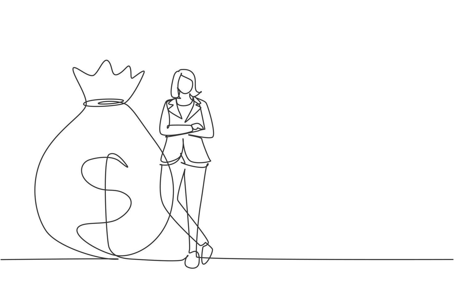 Continuous one line drawing happy businesswoman in blazer standing near big heavy bag with dollar sign. Female leaning on money sack. Successful concept. Single line draw design vector illustration