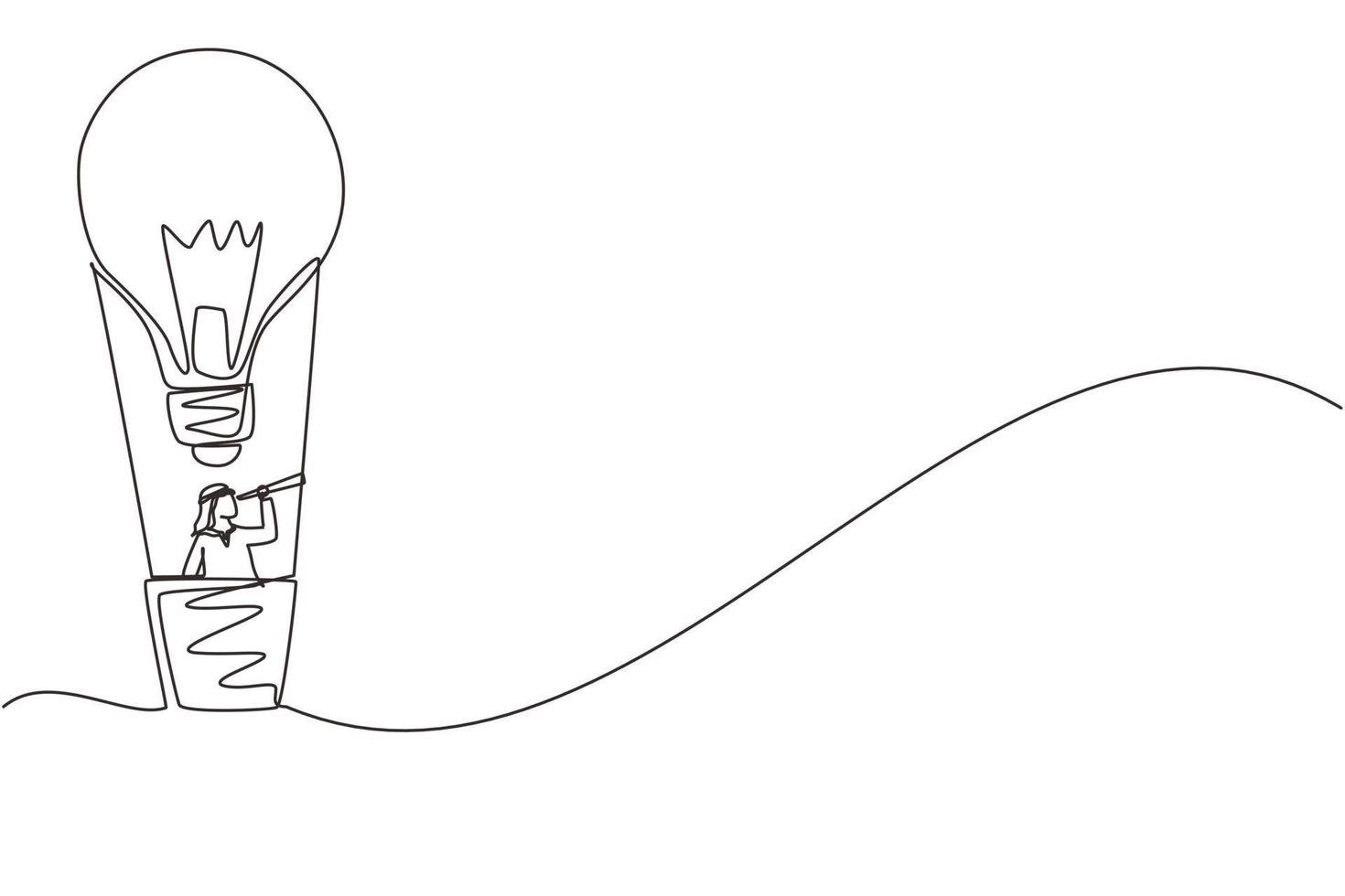 Single continuous line drawing Arab businessman looking through telescope in hot air balloon-light bulb. Man in lightbulb balloon search to success. Business idea concept. One line draw design vector
