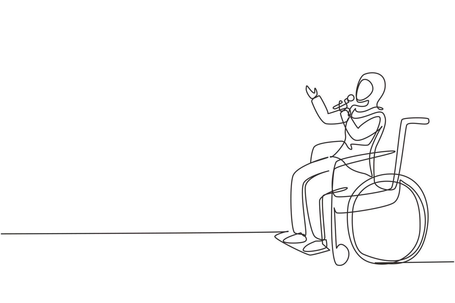 Single continuous line drawing disabled person enjoying life. Arabian woman sitting in wheelchair singing at karaoke. Spend time in recreational place. One line draw graphic design vector illustration
