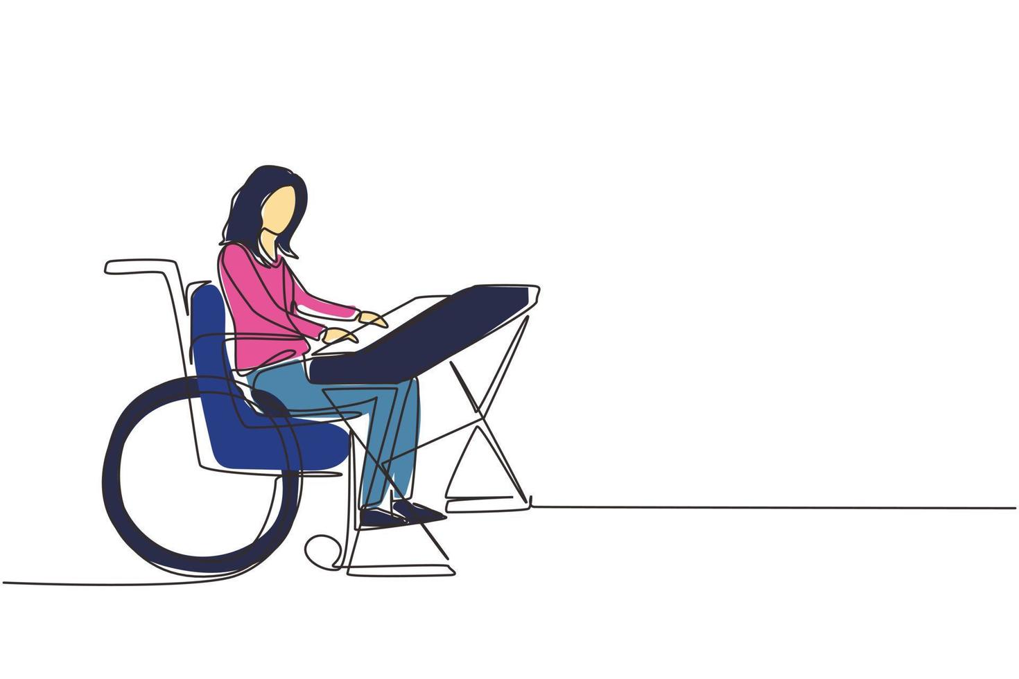 Single continuous line drawing beautiful female sit wheelchair playing electric keyboard, sing song. Physically disabled. Rehabilitation center patient. One line draw design vector illustration