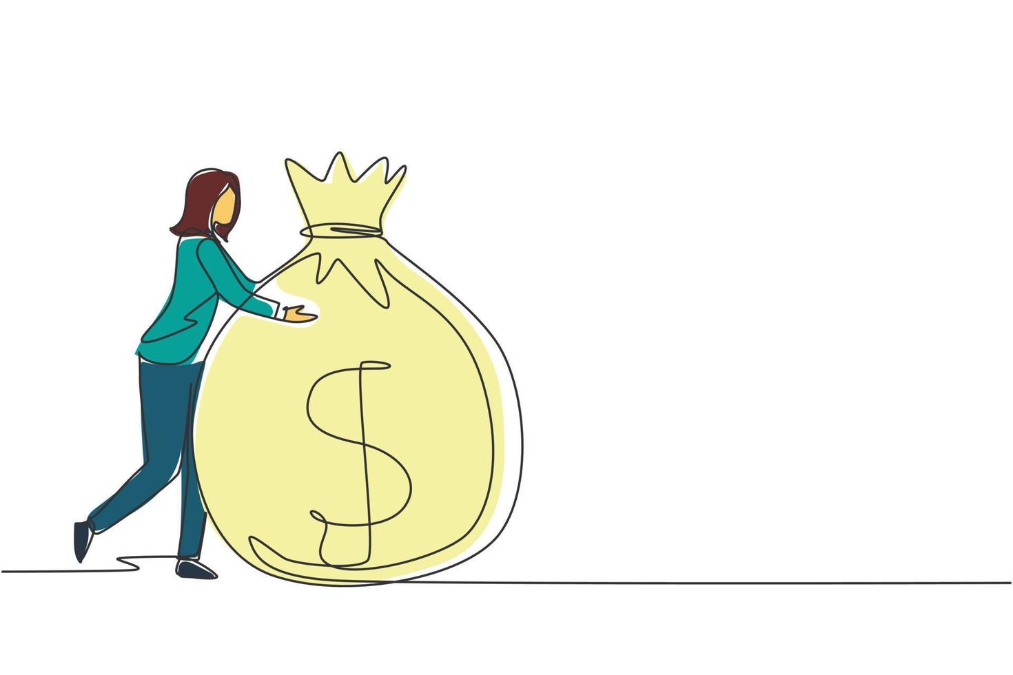 mujer de negocios de dibujo de una sola línea abrazando una gran bolsa de dinero. exito financiero. mujer de pie y abrazando una enorme bolsa de efectivo. idea creativa de ángel de negocios. ilustración de vector de diseño de dibujo de línea continua
