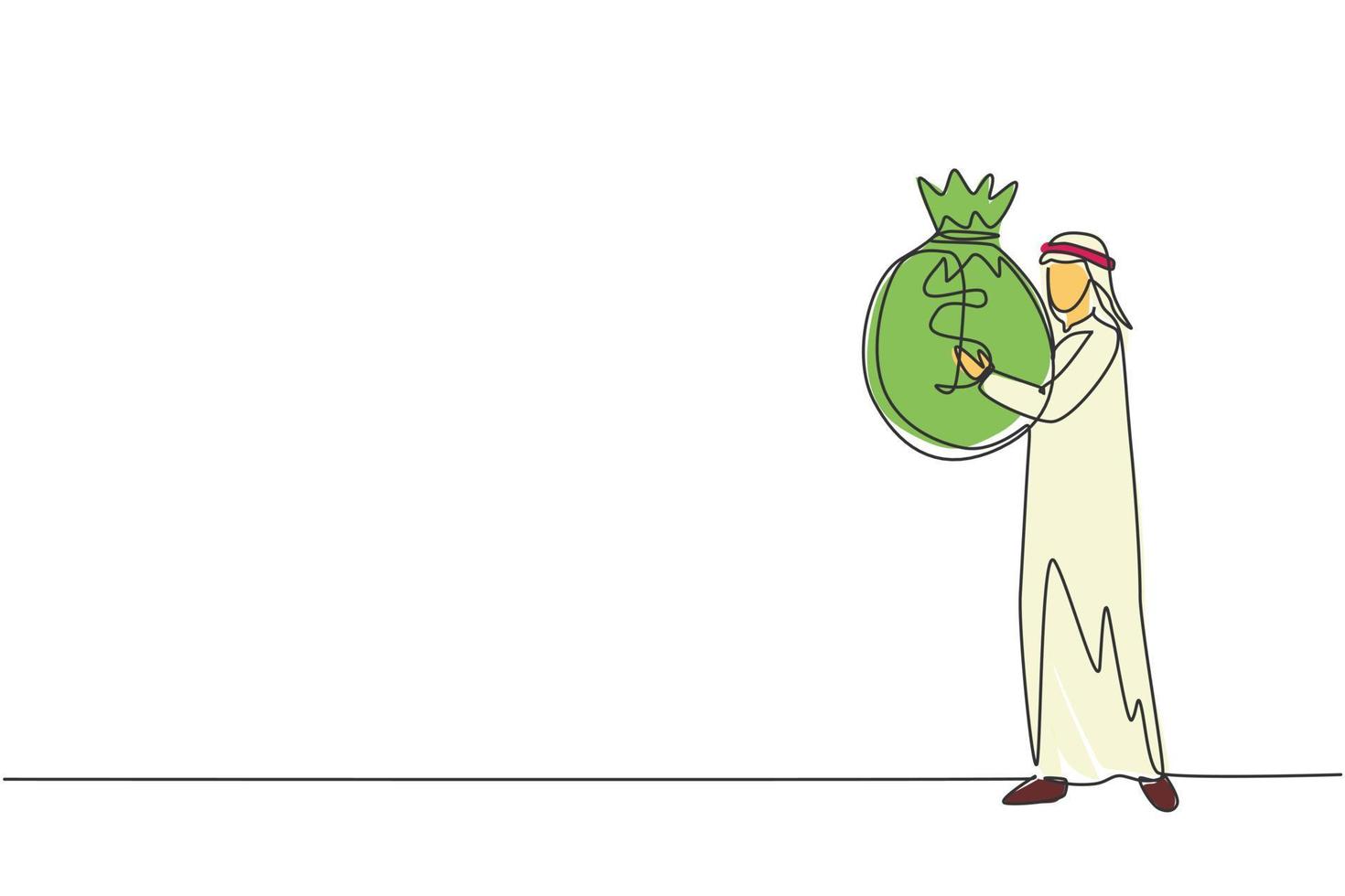 Continuous one line drawing Arabian businessman holding large bag full of money. Smiling man walking and carrying big heavy sack full of cash money. Single line draw design vector graphic illustration