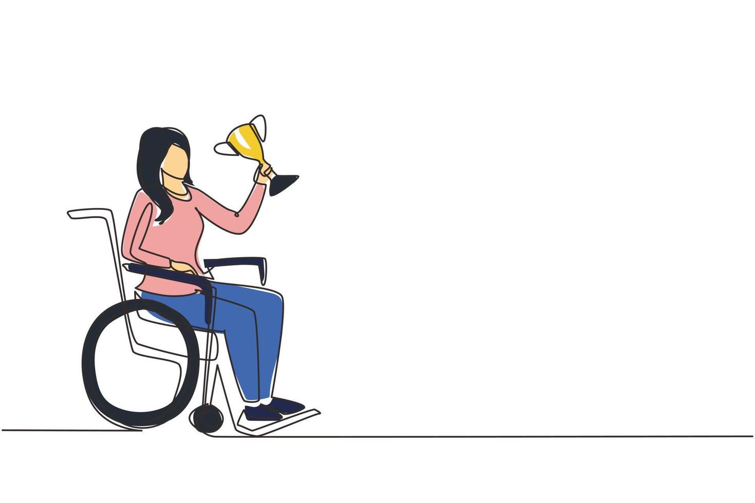 Single one line drawing happy woman in wheelchair hold golden cup trophy winner podium. Disabled person recovery. Sport game competition, sport training, challenge. Continuous line design vector