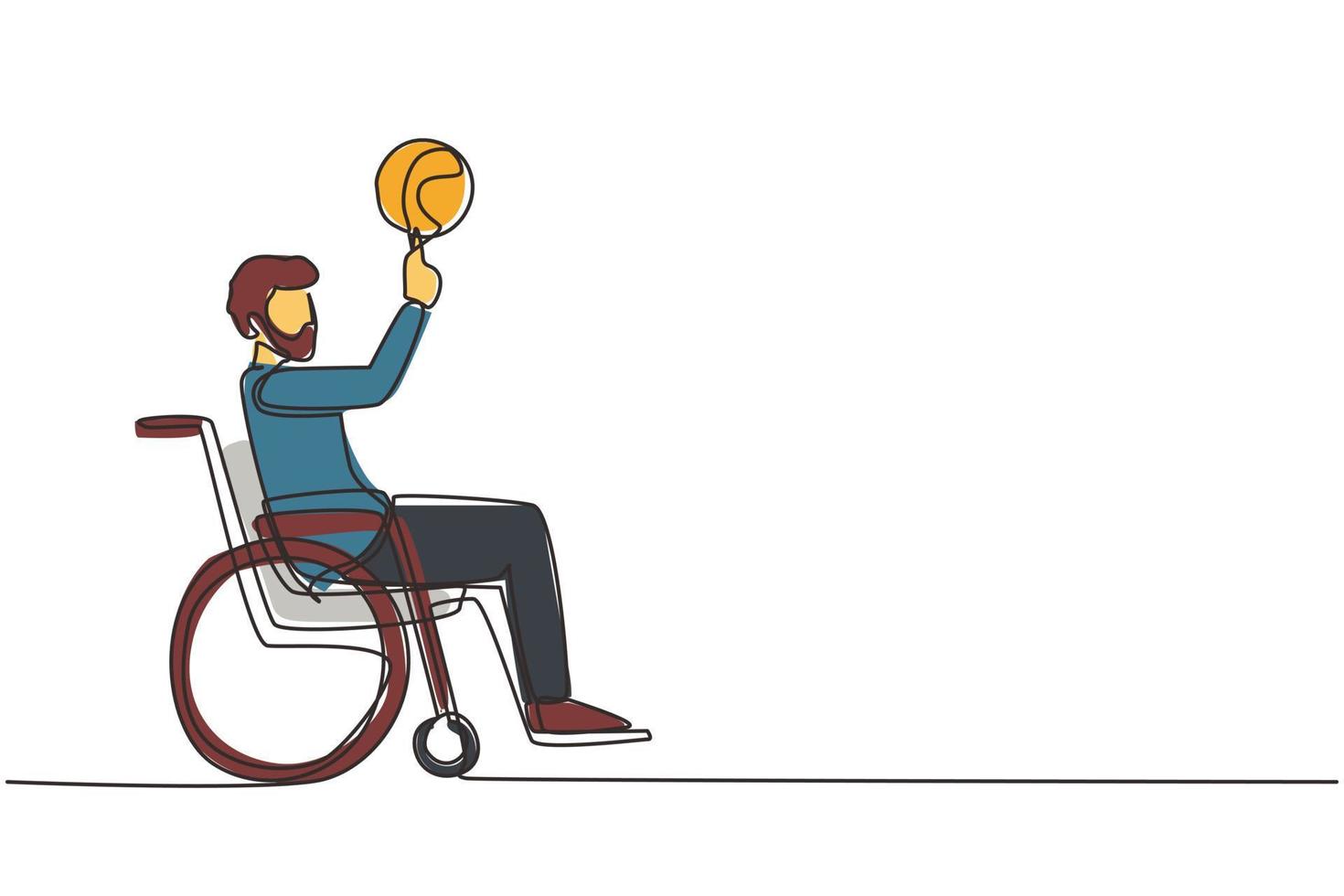 Single continuous line drawing Arab guy in wheelchair plays basketball. Disabled person spins basketball on his finger. Exercise for people with disabilities. One line draw design vector illustration