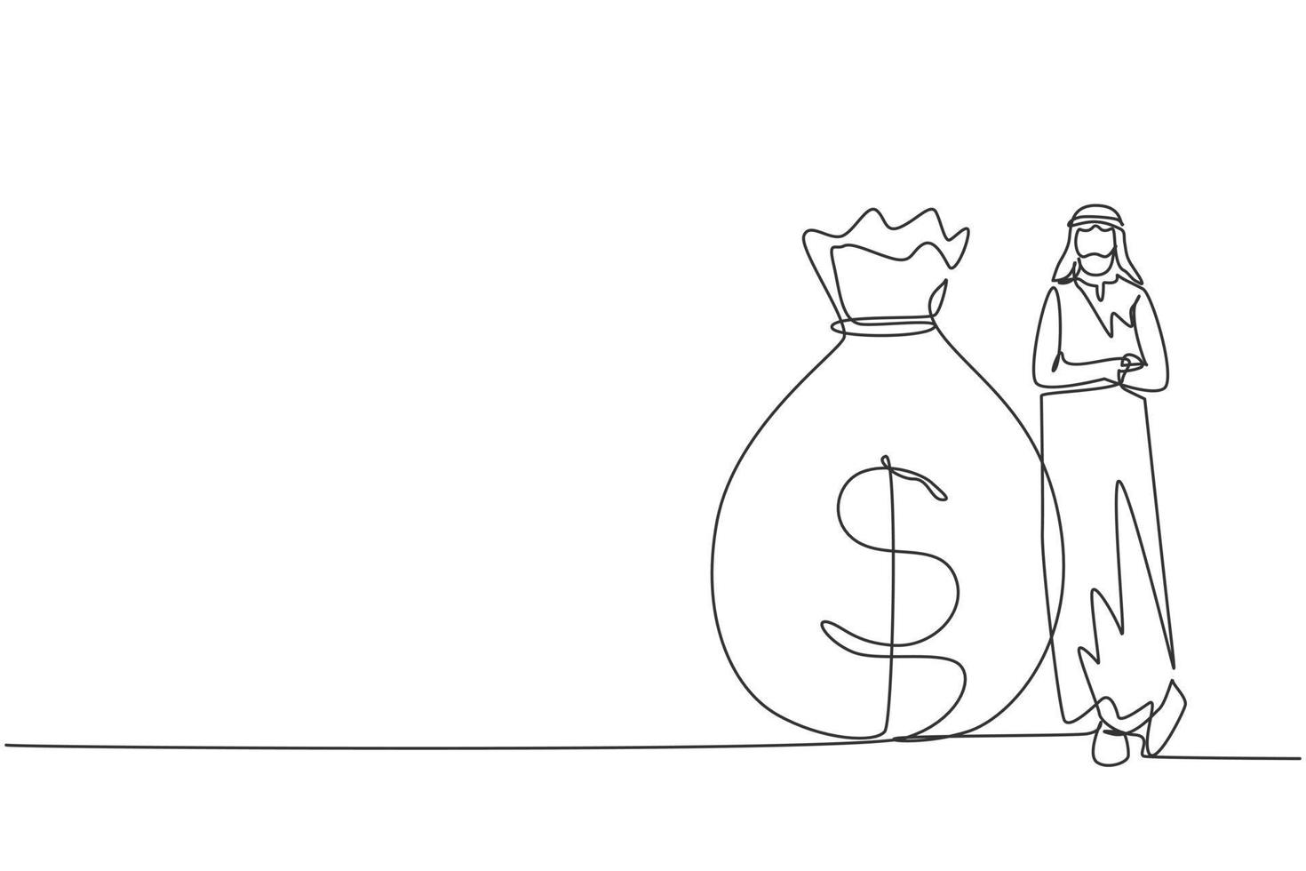 Single one line drawing Arabian businessman in traditional clothes standing near big heavy bag with dollar sign. Successful male leaning on money sack. Continuous line draw design vector illustration