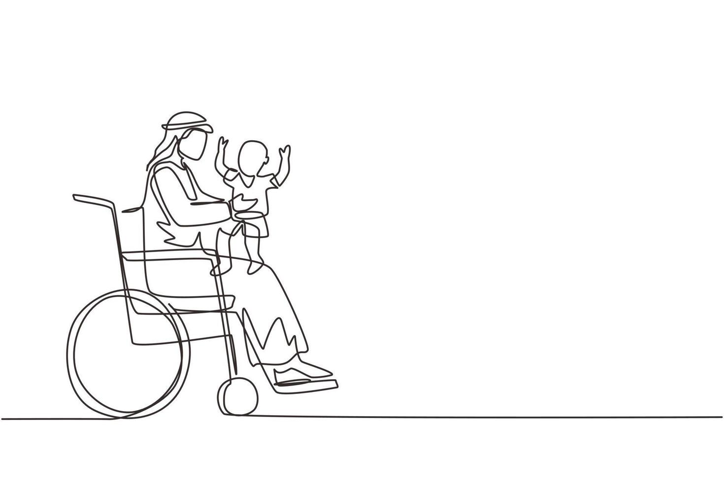 Single one line drawing happy disabled father with his child. Disability Arabian man holding baby in his arms. Family love concept. Physical disability. Continuous line draw design vector illustration