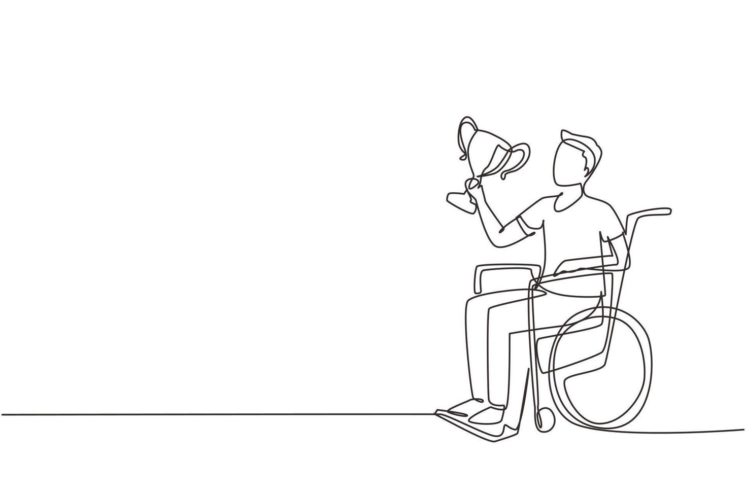 Single continuous line drawing happy man in wheelchair hold golden cup trophy winner podium. Disabled person. Tournament game competition, sport training, challenge. One line design vector