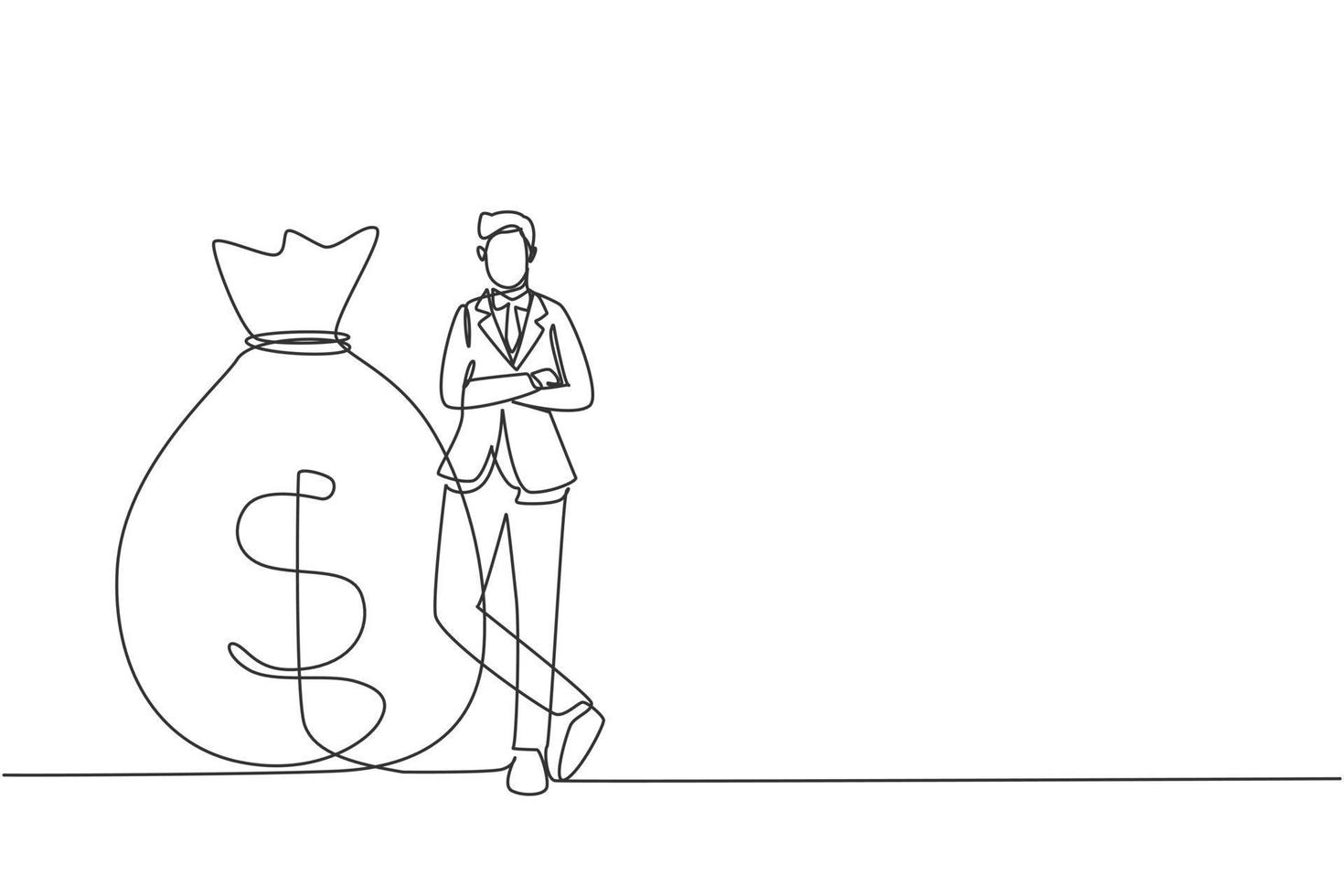 Continuous one line drawing happy businessman in suit standing near big heavy bag with dollar sign. Male leaning on money sack. Success concept. Single line draw design vector graphic illustration